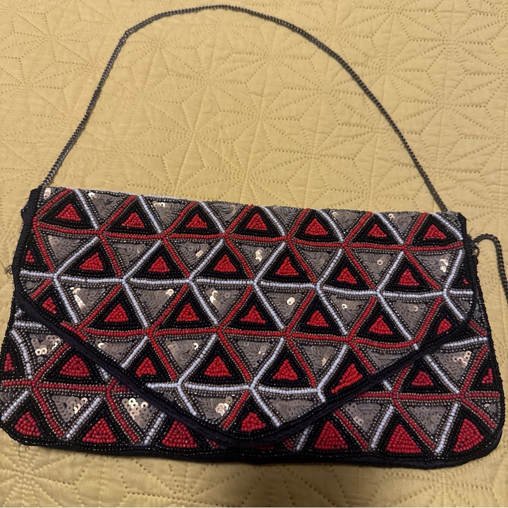 Elegant Red and Black Geometric Beaded Clutch